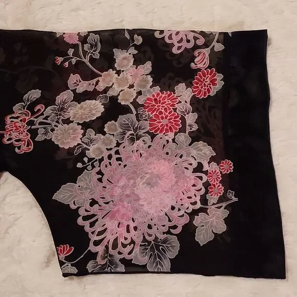 Twenty One Black & Pink Floral 3/4 Sleeve Tie Back V-Neck Kimono Blouse Size S - Picture 8 of 10